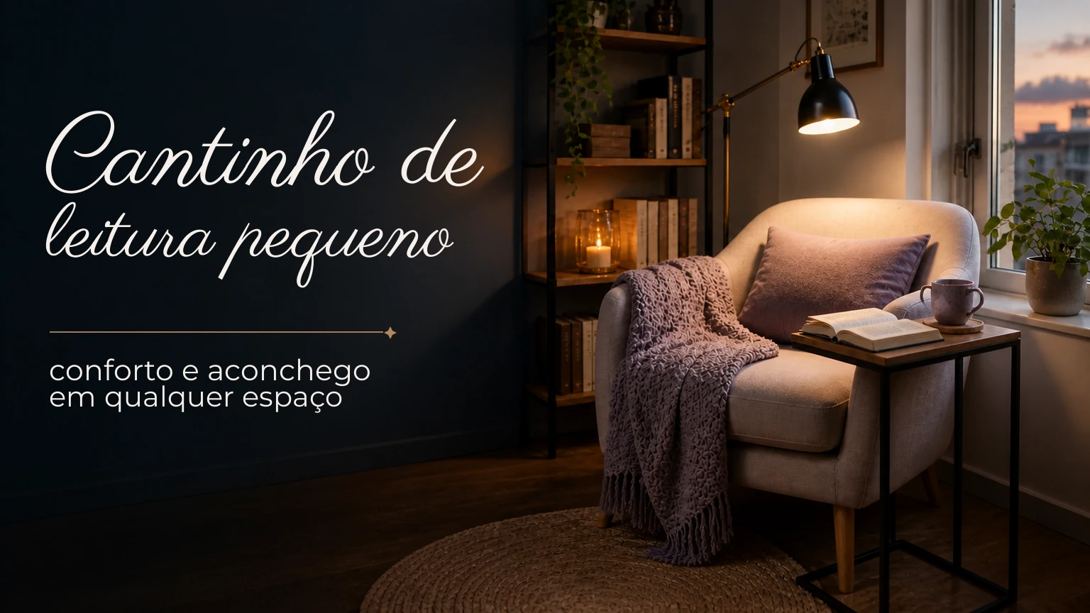 Cantinho de leitura pequeno com poltrona, luminária articulada, mesa lateral e livros.