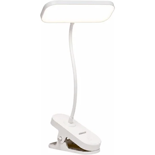 Luminária LED recarregável com garra e haste flexível para leitura na cama