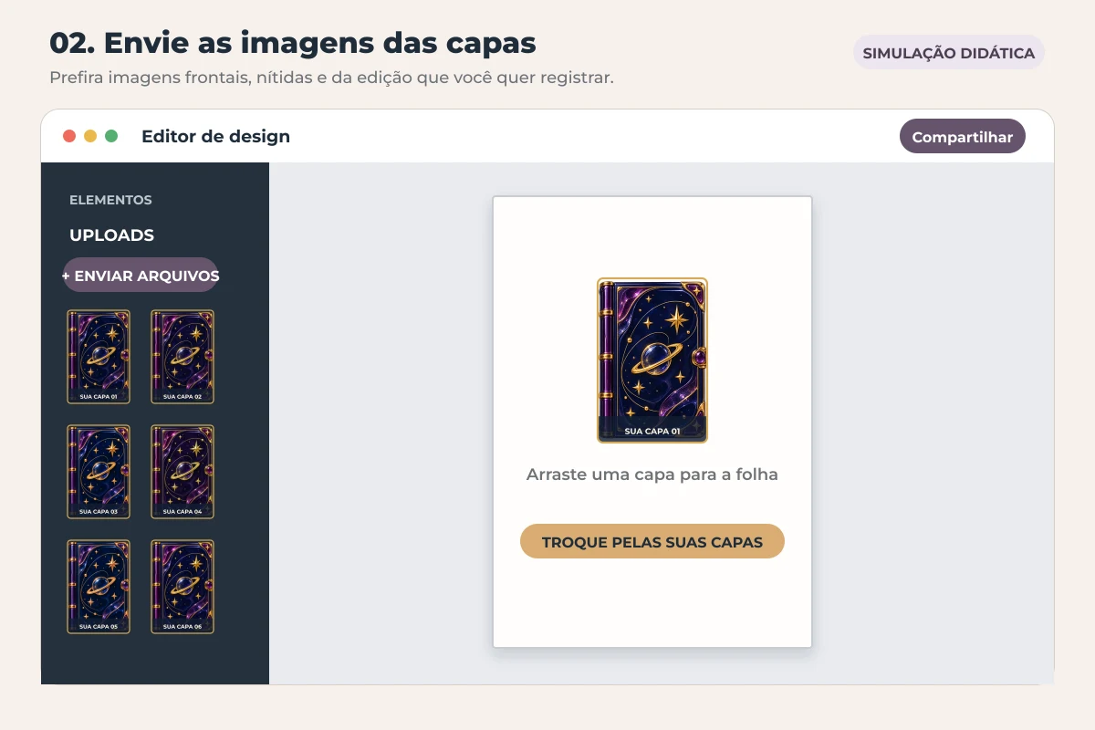 Simulação do editor com seis imagens de capas enviadas na lateral e uma mini capa posicionada sobre a folha A4