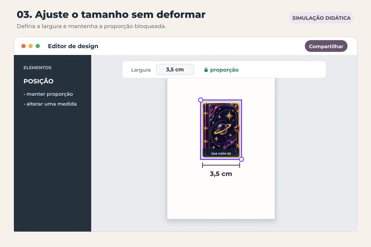 Simulação de uma mini capa selecionada com 3,5 centímetros de largura e a proporção da imagem bloqueada