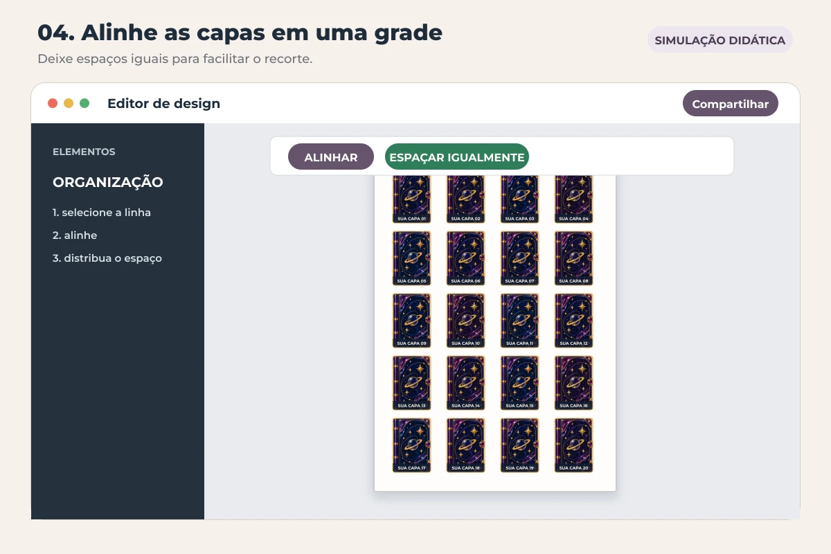Simulação de vinte mini capas distribuídas em cinco linhas com alinhamento e espaçamento regulares