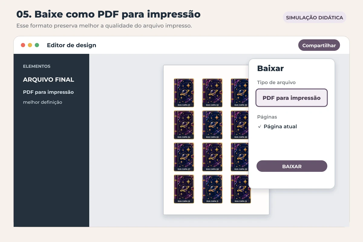 Simulação do painel de download com a opção PDF para impressão selecionada ao lado de uma folha com mini capas