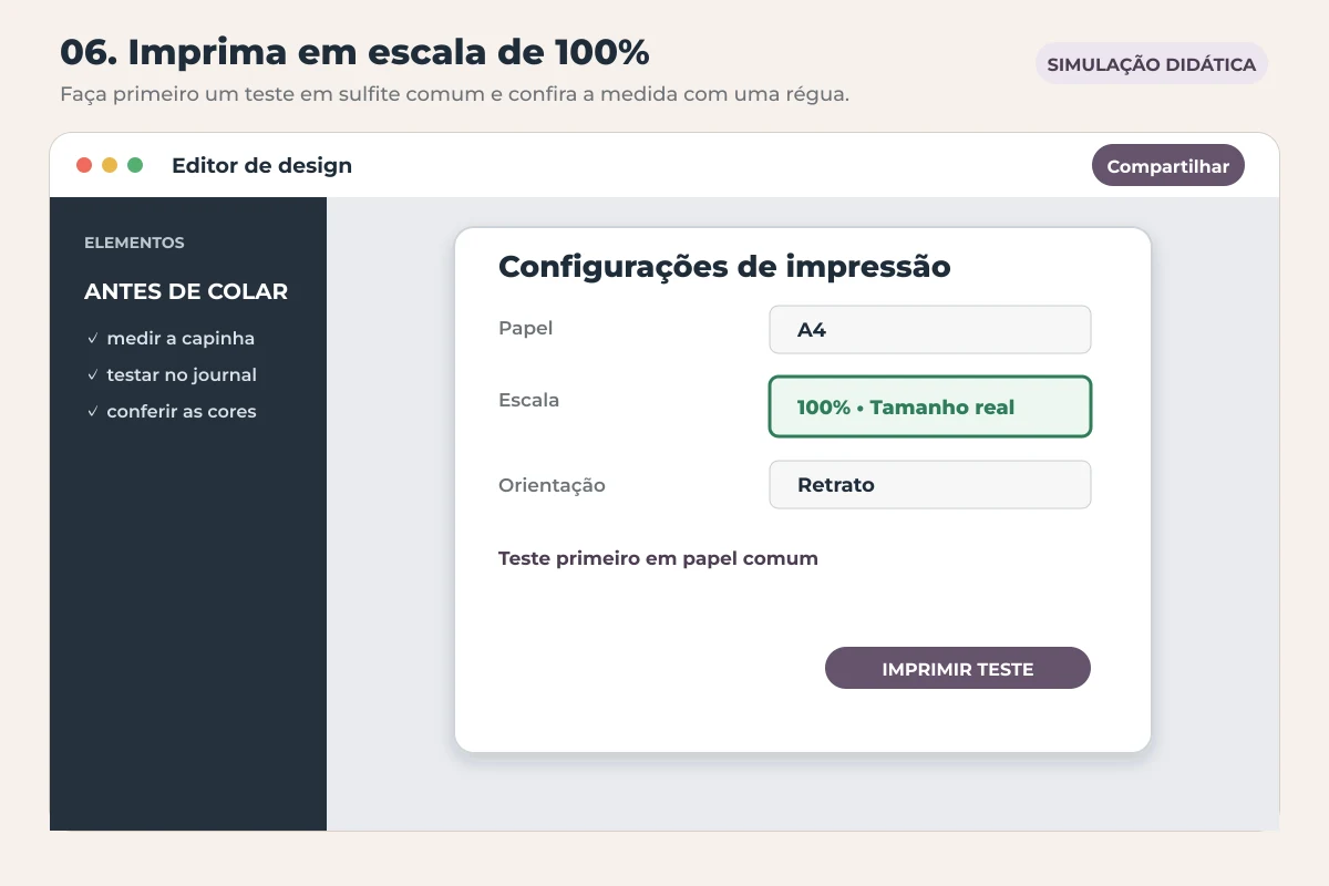 Simulação das configurações de impressão com papel A4, orientação retrato e escala de 100 por cento em tamanho real