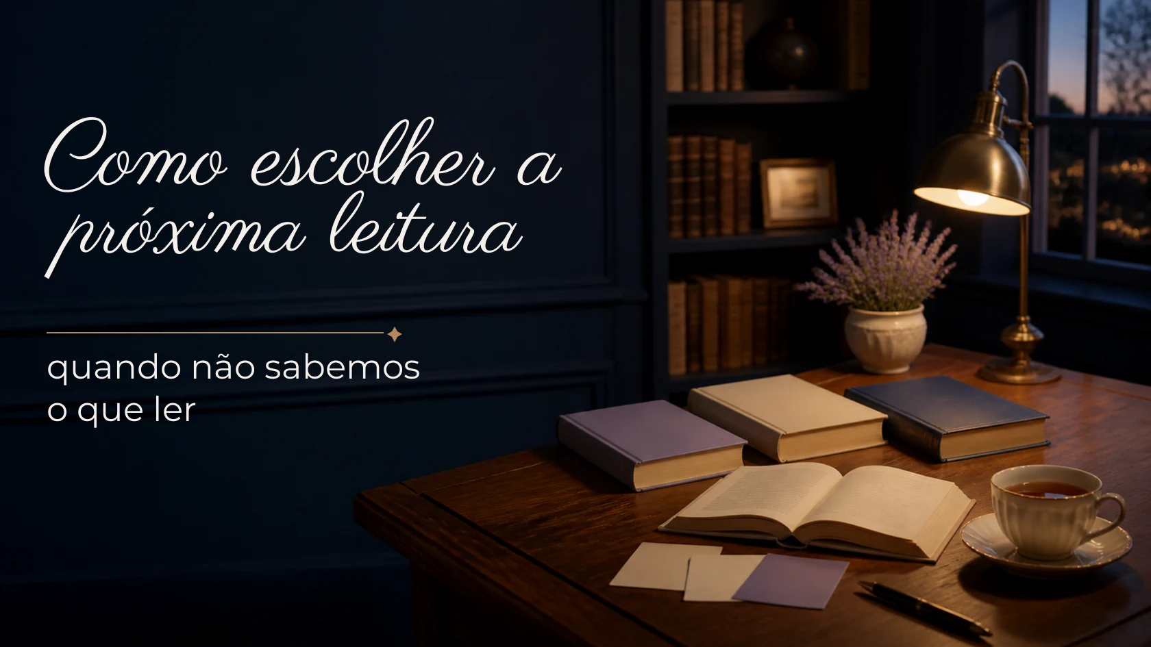 Três livros fechados e um livro aberto sobre uma mesa de leitura, representando a escolha da próxima leitura.
