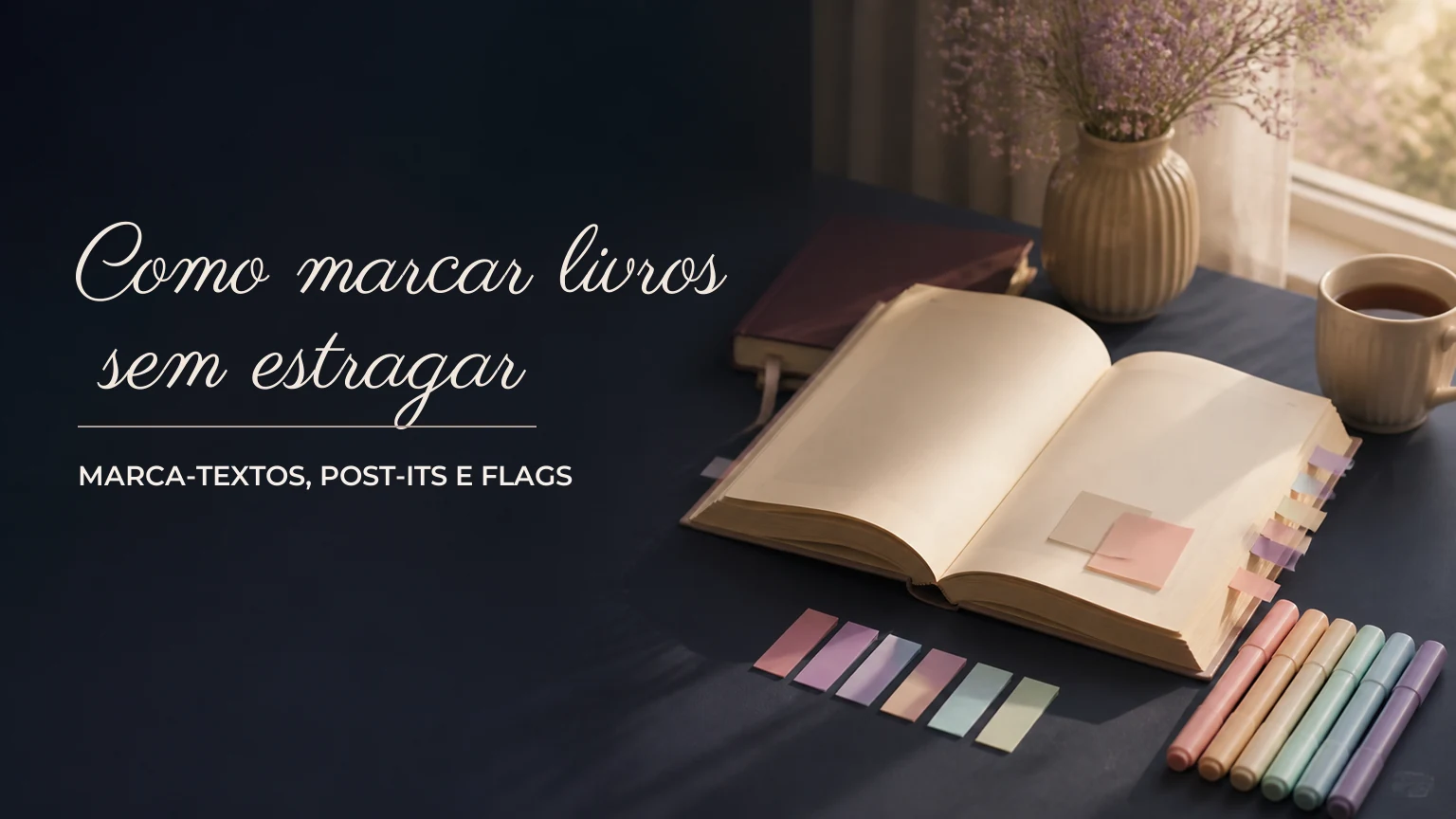 Livro aberto sobre uma mesa com flags, notas adesivas e marca-textos em tons pastel.