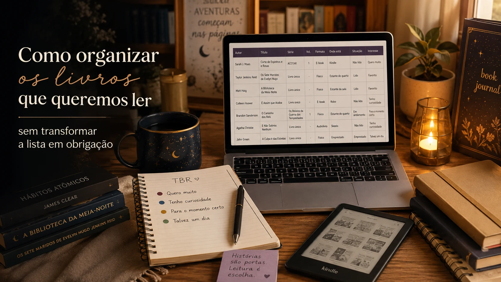 Livros, notebook e caderno usados para organizar uma lista de leituras.
