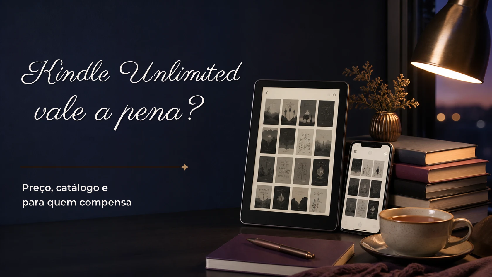 Leitora comparando o catálogo do Kindle Unlimited em um leitor digital e no celular.