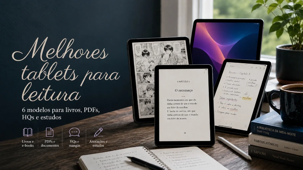 Tablets modernos em uma mesa de madeira exibindo livros digitais, PDFs e HQs para leitura.