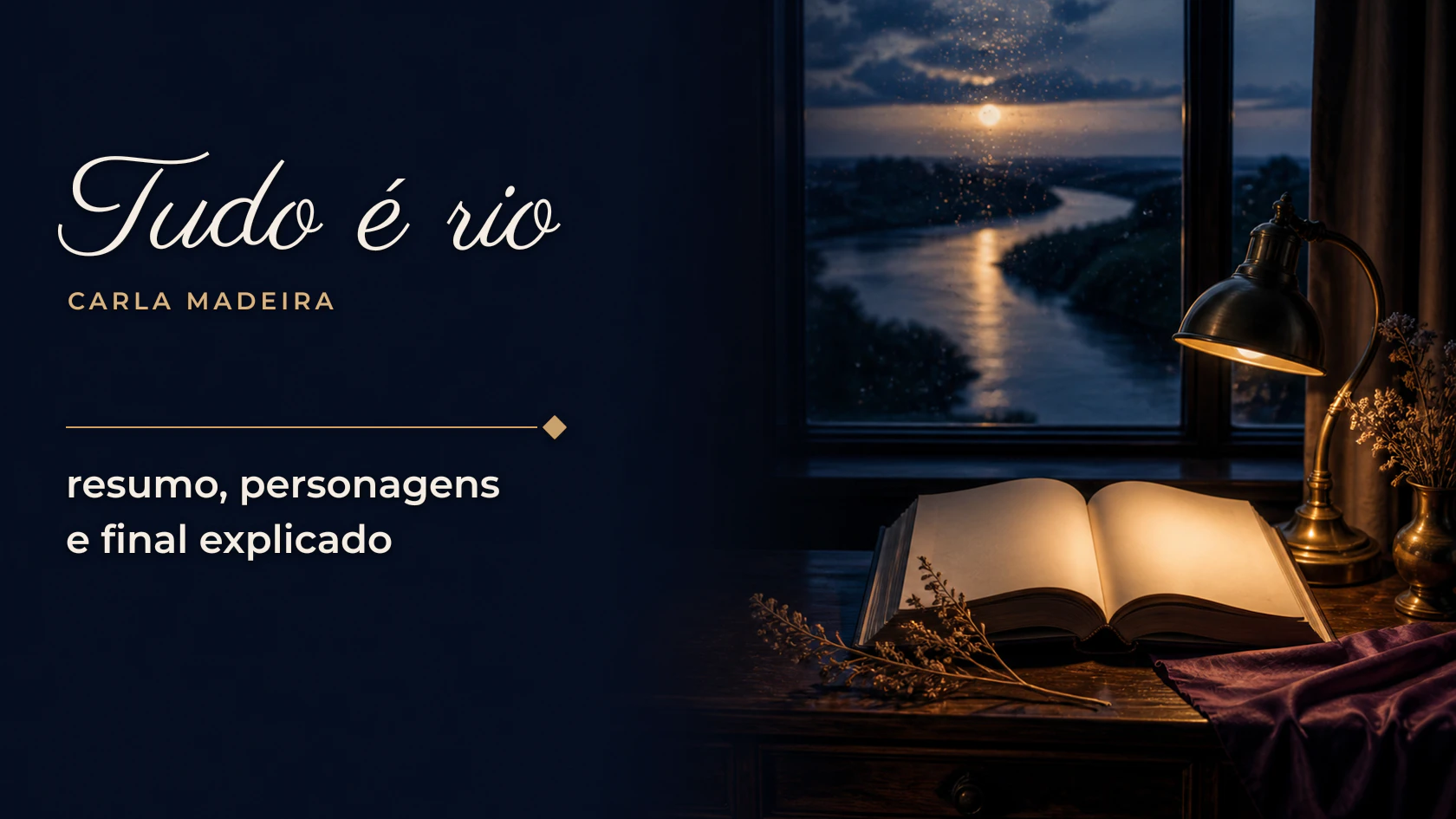Livro aberto sob uma luminária diante de uma janela com vista para um rio ao luar, com o título Tudo é rio.