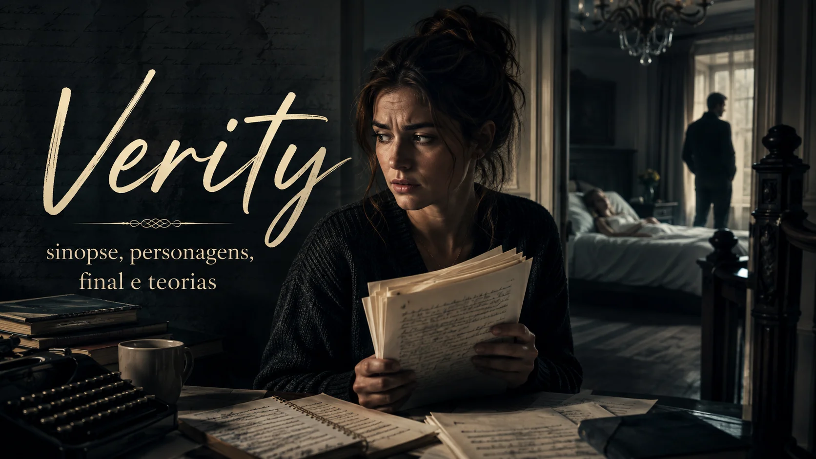 Mulher lendo um manuscrito em uma casa sombria inspirada no suspense psicológico de Verity