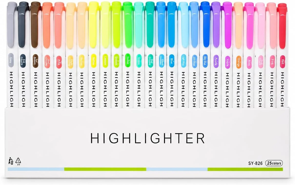 Marca Texto Pastel 25 Cores Ponta Dupla Fina e Grossa | Para escola, escritório, planner, bullet journal, Bíblia, livros e anotações