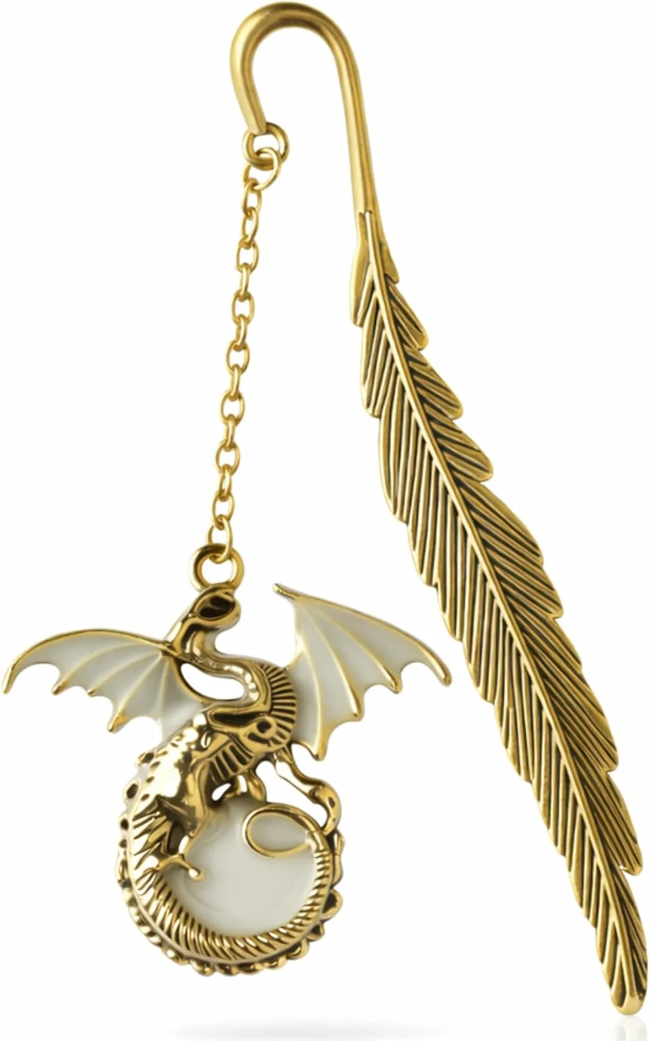 Marcador de Página Dragão Luminoso Metal Dourado com Pena Glow no Escuro – Bookmark Fantasia Elegante para Leitores, Estudantes e Amantes de Livros